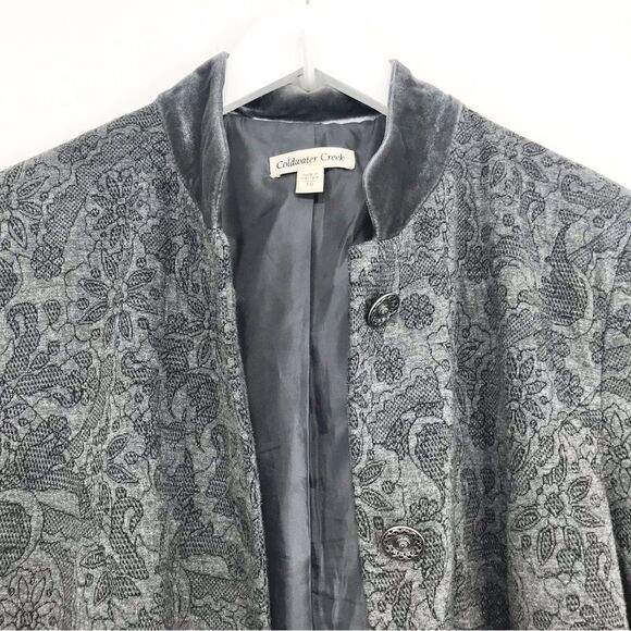 Coldwater Creek Gray Floral Pattern Velvet Trim Long Statement Blazer Jacket - Picture 7 of 16
